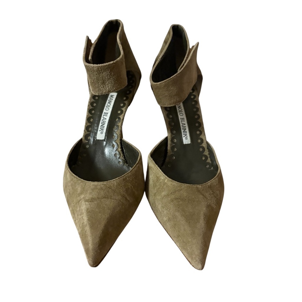 Manolo Blahnik Women's Greige Leather Pointed Toe Ankle Strap Heels 36 Sz 6 - Picture 5 of 9